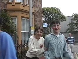 Eliot and Tao outside Tower guest house, 32 James Street, Stornoway